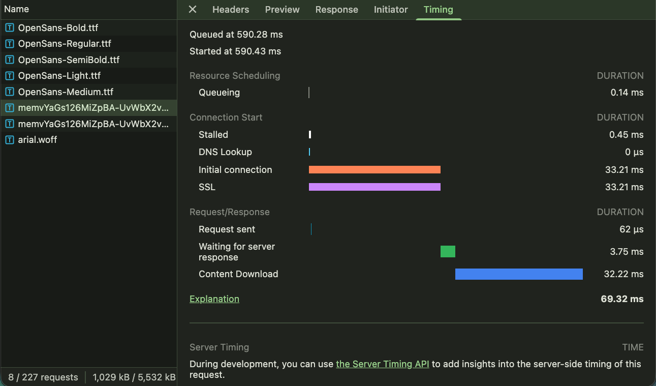 Chrome DevTools Performance-Panel: Timing-Phasen einer Webfont-Anfrage. Stalled, DNS, Initial Connection, SSL, Content Download