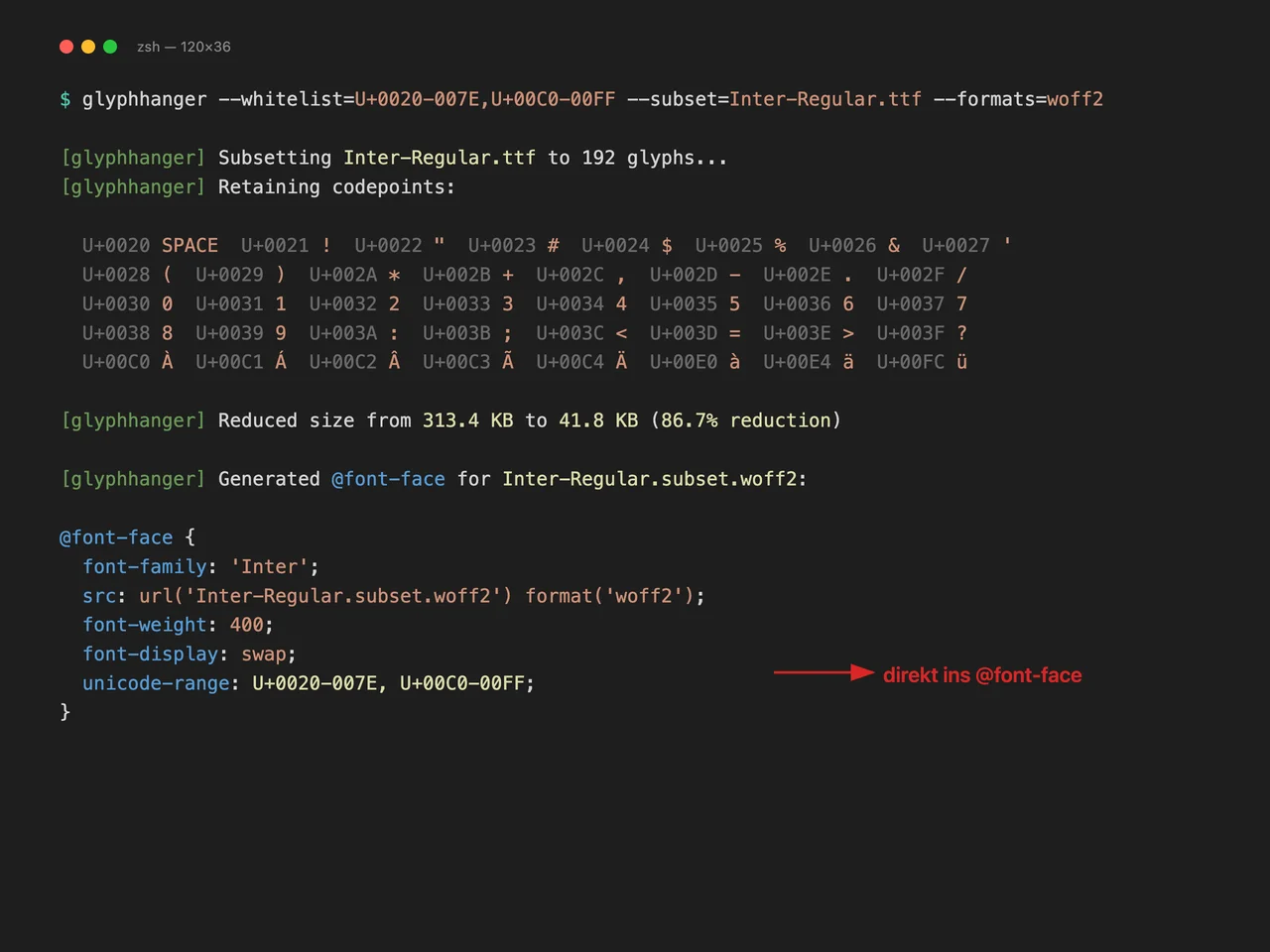 glyphhanger CLI-Output mit ermittelter unicode-range, Terminal-Screenshot
