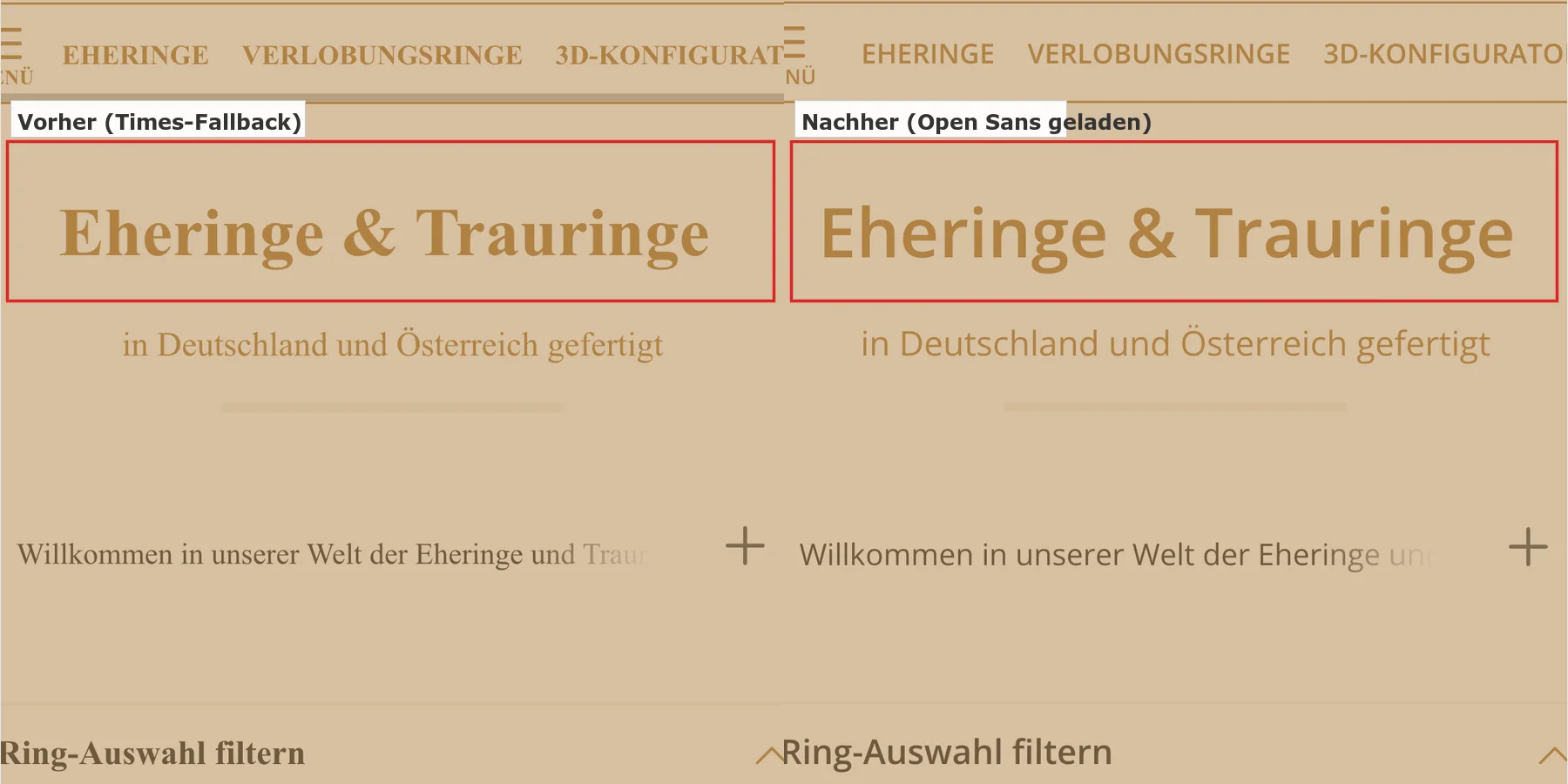 Vorher/Nachher-Vergleich FOUT: links Times-Fallback während Schrift lädt, rechts Open Sans nach Schrift-Load