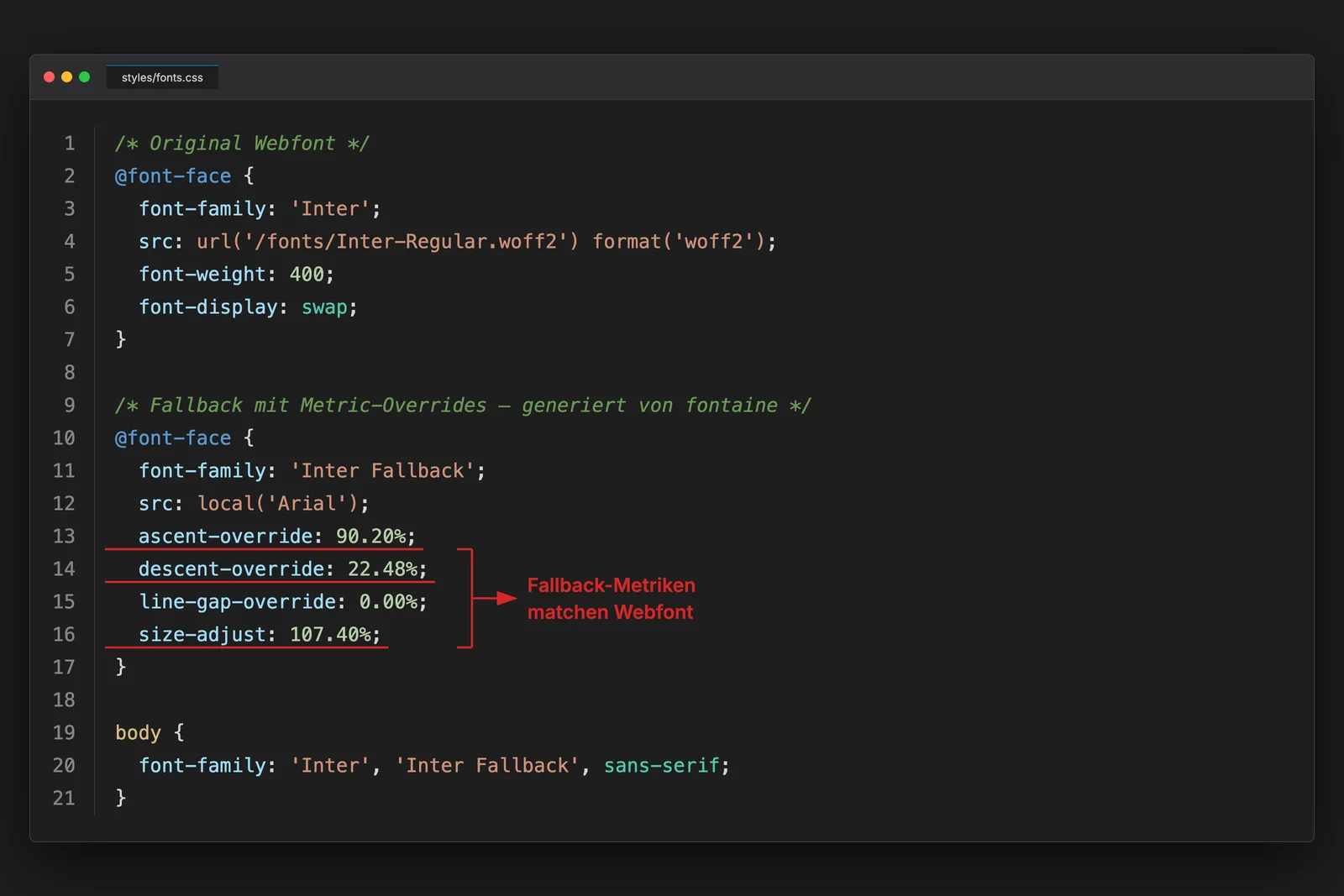 fontaine-Output: generierter @font-face-Block mit ascent-override, descent-override, line-gap-override und size-adjust